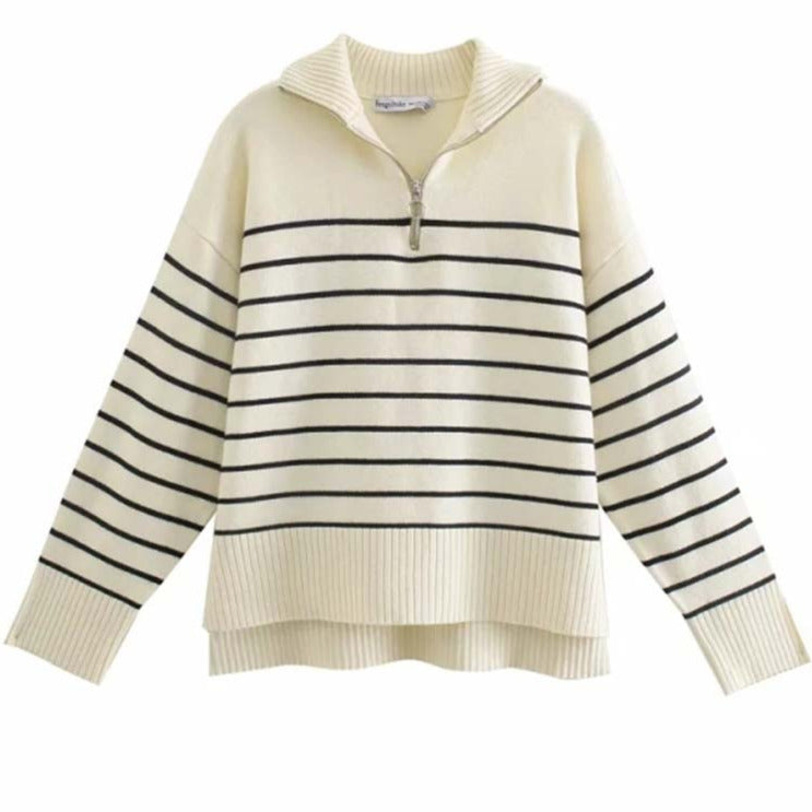 Striped Knit Sweater With Zip