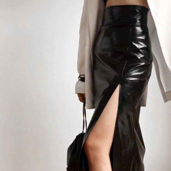 Metallic Front Slit High Waist Midi Skirt