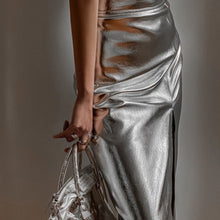 Load image into Gallery viewer, Metallic Front Slit High Waist Midi Skirt
