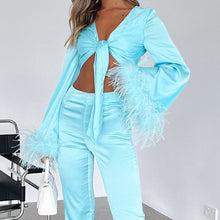 Load image into Gallery viewer, Feather Top Satin Two Piece
