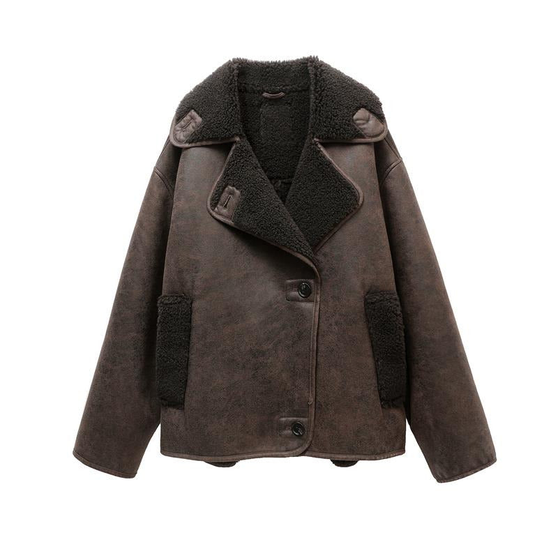 Faux Leather Lambswool Single Breasted Lapel Coat