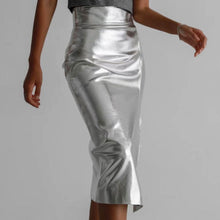 Load image into Gallery viewer, Metallic Front Slit High Waist Midi Skirt
