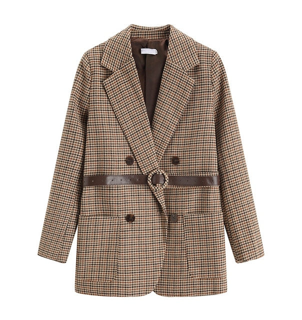 Checked Belted Button Woven Blazer