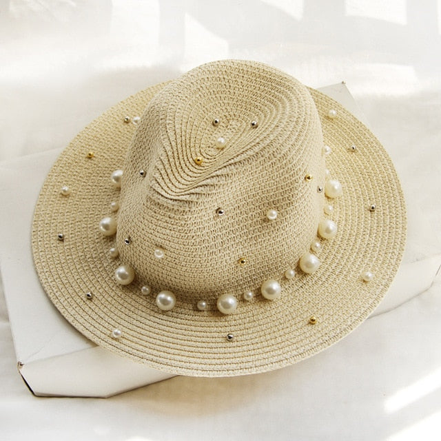 Pearl Detail Straw Fedora Hat