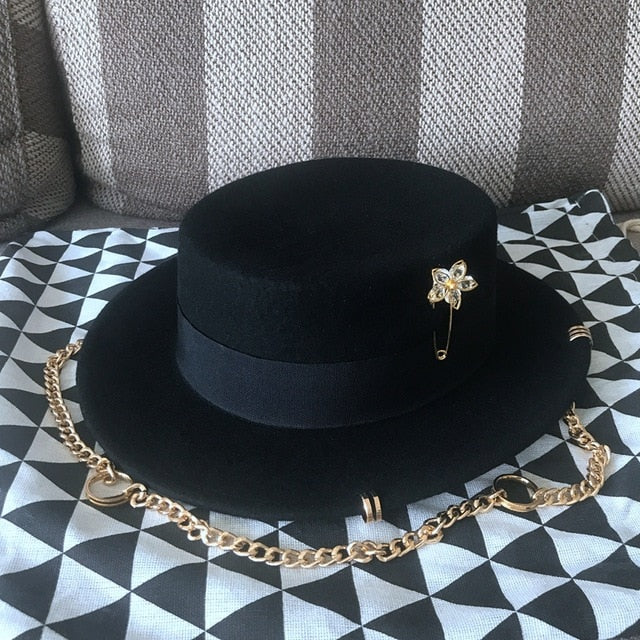 Gold Chain & Pin Fedora Wool Hat