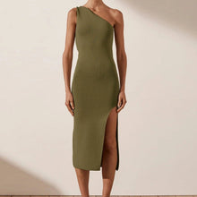 Load image into Gallery viewer, Cotton Knitted One Shoulder Bodycon Midi Dress
