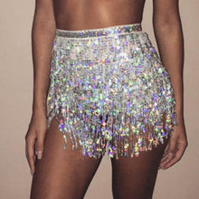 Load image into Gallery viewer, Glitter Sequins Tassel Tie Waist Wrap Mini Skirt
