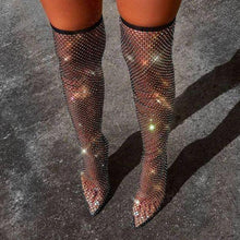 Load image into Gallery viewer, Diamante Fishnet Thigh High Heels
